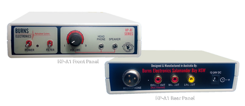 Burns Electronics amplifier with front and rear panels displayed.