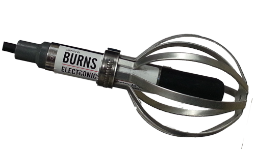 Metallic whisk with 'Burns Electronic' branding on a white background
